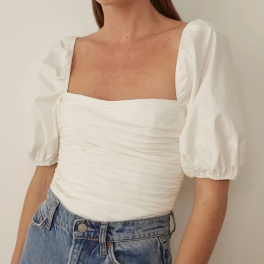 Reformation White Ruched Women's Top Barry Blouse